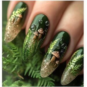Green and Gold forest Mushroom press on Nails